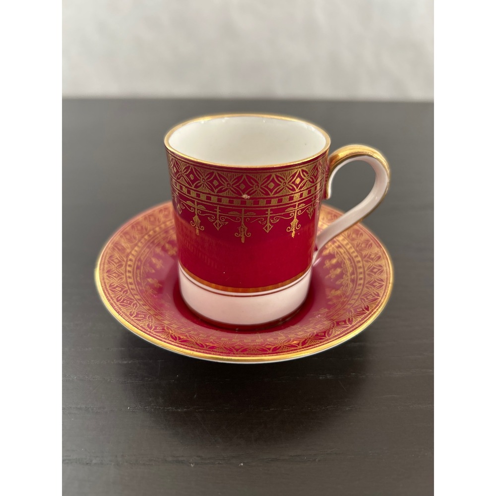 Vintage Cranberry Red and Gold Filigree Demitasse Espresso Cup and Saucer Set - Picture 2 of 11